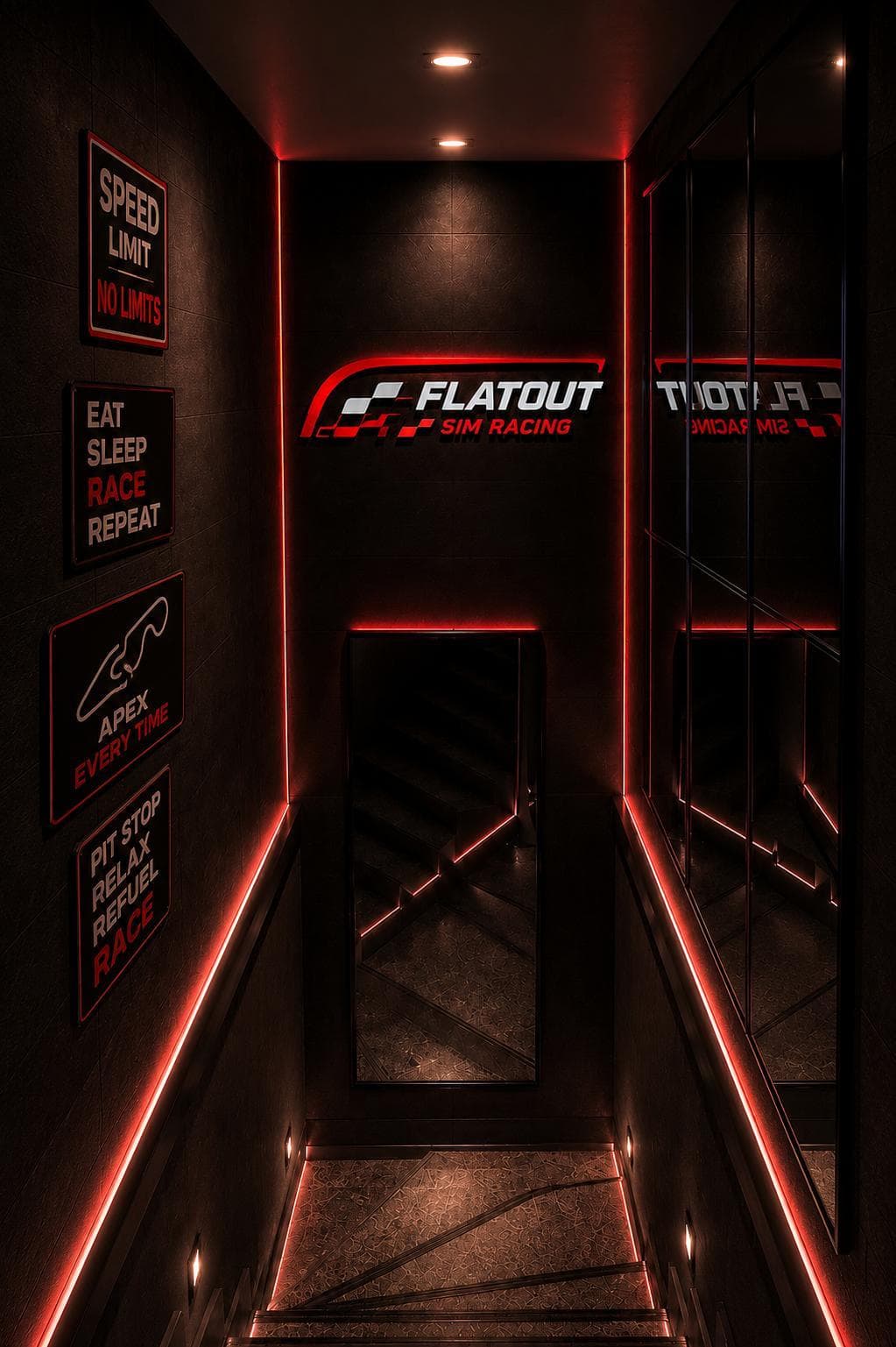 The walk in — race-themed signage from door to track