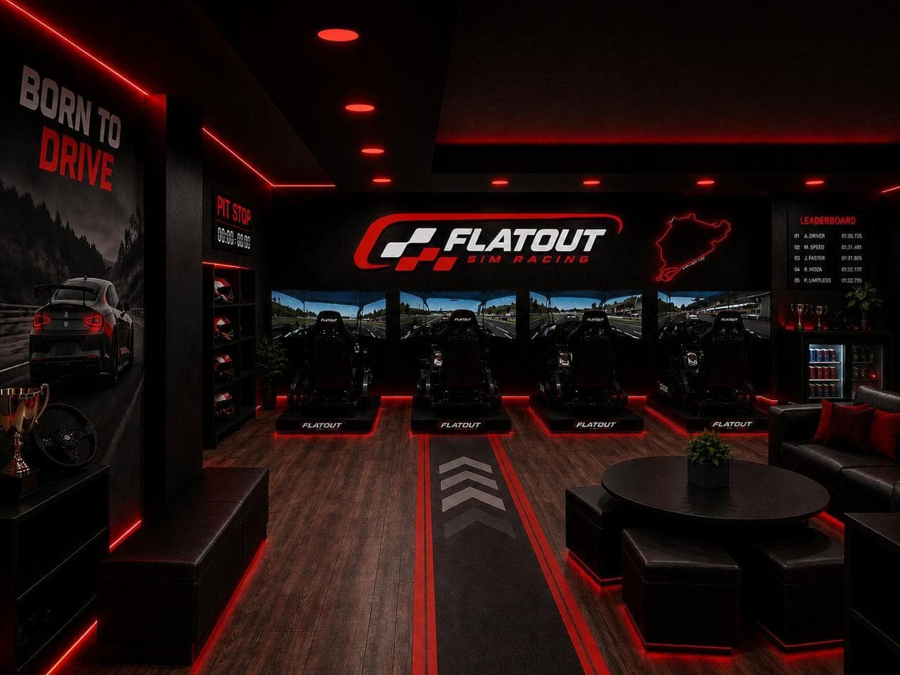 FLATOUT Sim Racing rig bay — four professional racing simulators with live telemetry screens